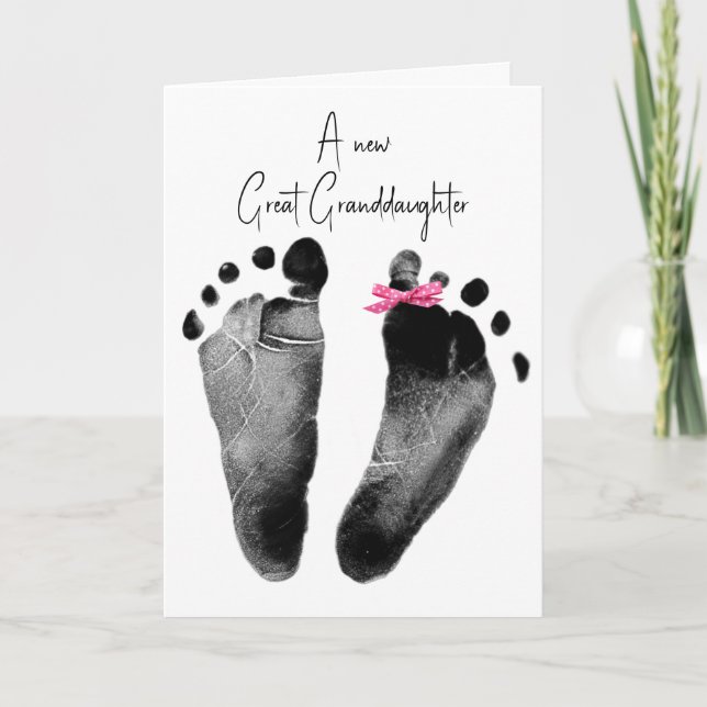 New Great Granddaughter Footprints with Bow Card (Front)