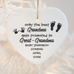 New Great Grandma Custom Gift Keepsake Christmas Ceramic Ornament<br><div class="desc">Celebrate the joyous arrival of a new great grandma with our Custom Gift Keepsake Christmas Ceramic Ornament. This beautifully crafted ornament serves as a cherished memento, featuring a customizable design that includes the new grandbabies last name and the birth year. This ornament will adorn holiday trees for years to come,...</div>