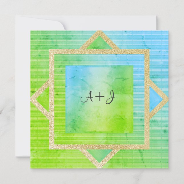 NEW GREEN BLUE GOLD WEDDING INVITATION (Front)
