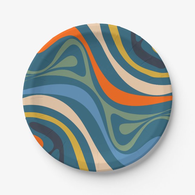 New Groove Multicolor Retro Swirl Abstract Pattern Paper Plates (Front)