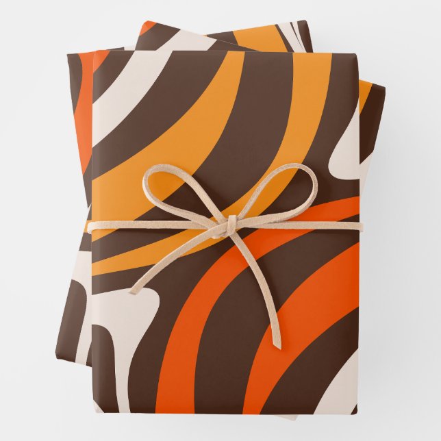 New Groove Retro Abstract Pattern 70s Brown Orange Wrapping Paper Sheets (In situ)