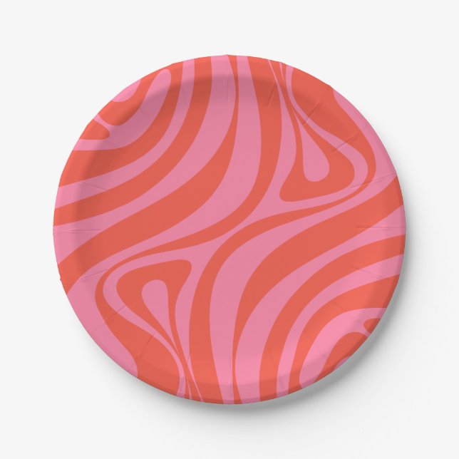 New Groove Retro Abstract Pattern Hot Pink Paper Plates (Front)