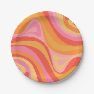 New Groove Retro Abstract Pattern Pink and Orange Paper Plates