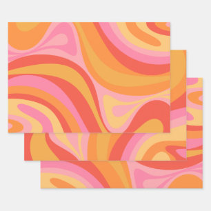 New Groove Retro Abstract Pattern Pink and Orange Wrapping Paper Sheets