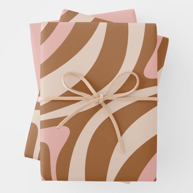 New Groove Retro Abstract Patterns Brown Pink Wrapping Paper Sheets (In situ)