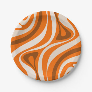New Groove Retro Abstract Patterns Orange Brown Paper Plates