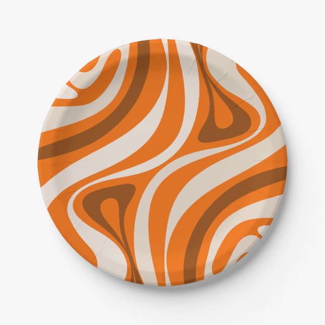 New Groove Retro Abstract Patterns Orange Brown Paper Plates (Front)