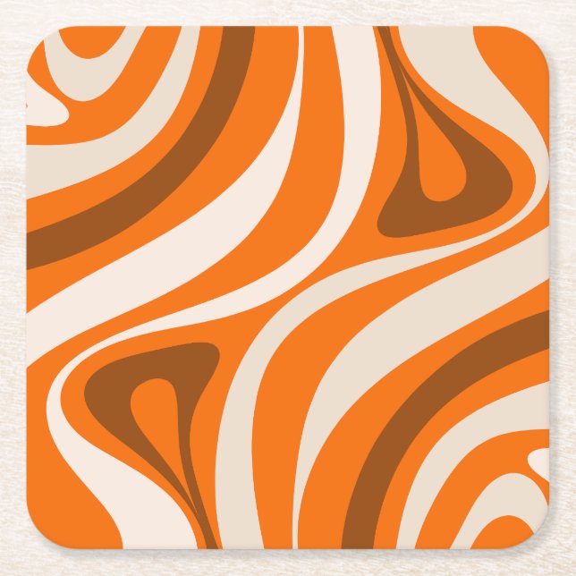 New Groove Retro Abstract Patterns Orange Brown Square Paper Coaster (Front)