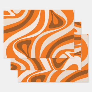 New Groove Retro Abstract Patterns Orange Brown Wrapping Paper Sheets