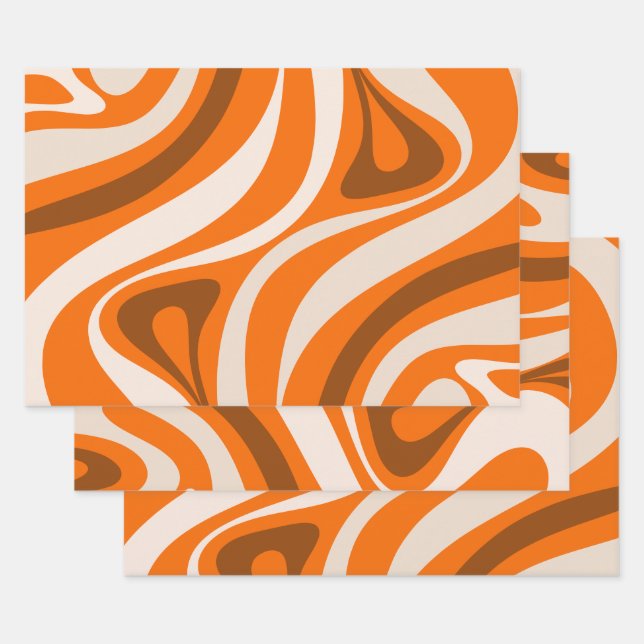 New Groove Retro Abstract Patterns Orange Brown Wrapping Paper Sheets (Set)