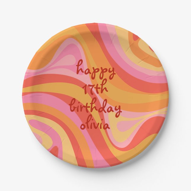 New Groove Retro Abstract Pink Orange Birthday Paper Plates (Front)