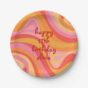 New Groove Retro Abstract Pink Orange Birthday Paper Plates