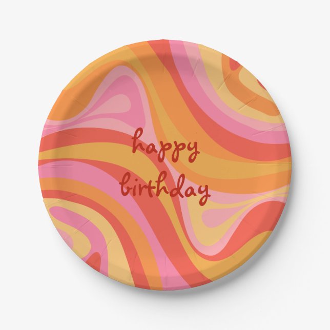New Groove Retro Abstract Pink Orange Birthday Paper Plates (Front)