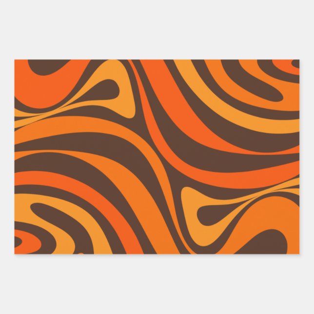 New Groove Retro Swirl Abstract 70s Orange Brown Wrapping Paper Sheets (Front)