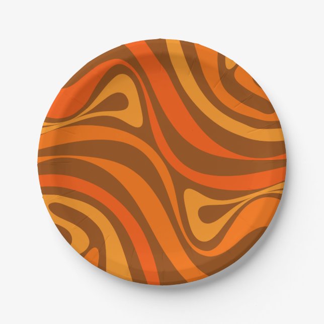 New Groove Trippy Retro 70s Orange Brown Abstract Paper Plates (Front)