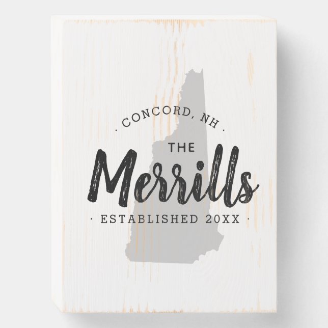 New Hampshire Family Monogram State Map Wooden Box Sign (Front Vertical)