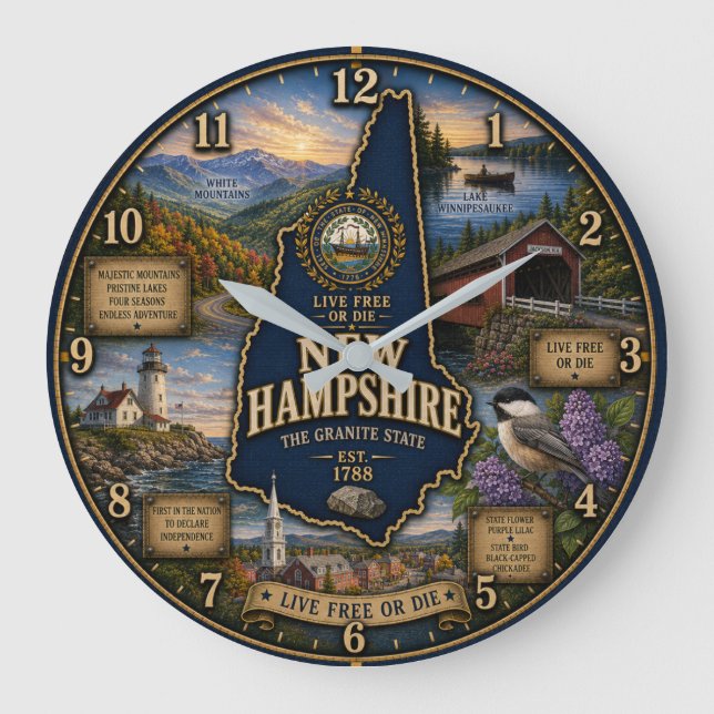 New Hampshire Granite State Mountain Lake Rustic Large Clock (Front)