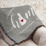 New Hampshire Home State Personalized Throw Blanket<br><div class="desc">Show some home state pride with this cute rustic grey throw blanket featuring "home" in white calligraphy script lettering with a silhouette map of the state of New Hampshire standing in for the letter "O." A red heart illustration inside the state map completes the design; you can change the position...</div>