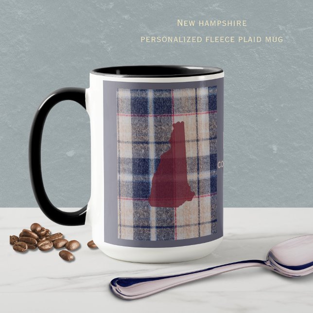 New Hampshire Plaid With State Outline Mug (Personalize this New Hampshire mug, with a fuzzy plaid background. )