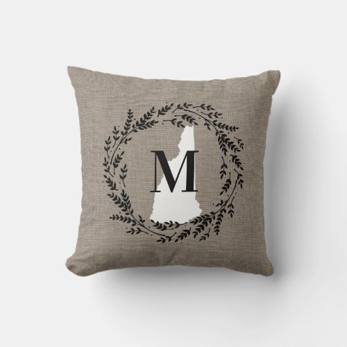 New Hampshire Rustic Wreath Monogram Throw Pillow