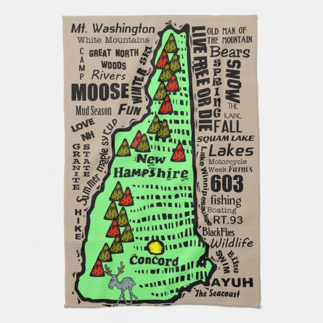 New Hampshire State Map Cartoon Kitchen Towel (Vertical)