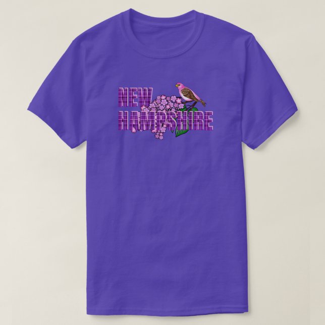 New Hampshire State Symbols Purple Finch & Lilacs T-Shirt (Design Front)