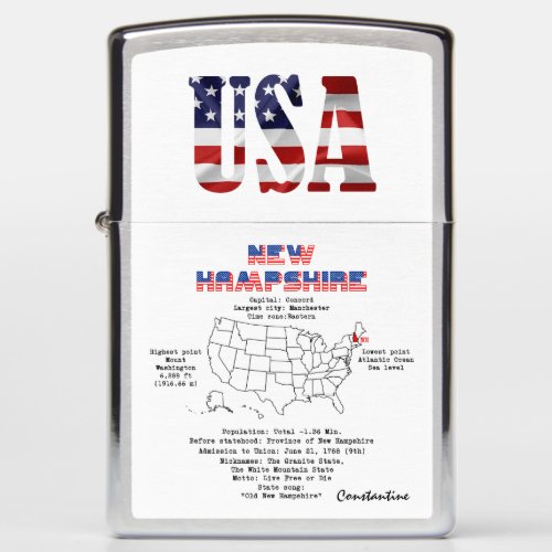 New Hampshire United States state on a map Zippo Lighter