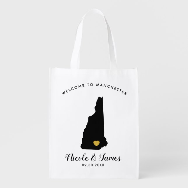 New Hampshire Wedding Welcome Bag, Black Gold Tote (Front)