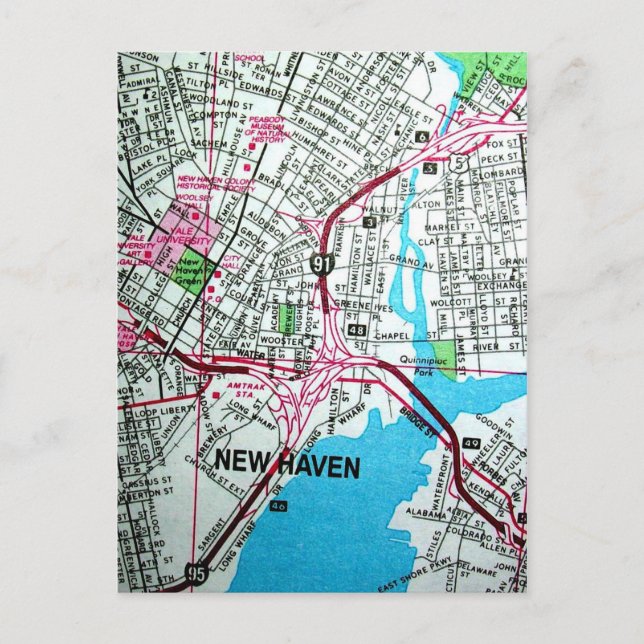 NEW HAVEN, CT Vintage Map Postcard (Front)