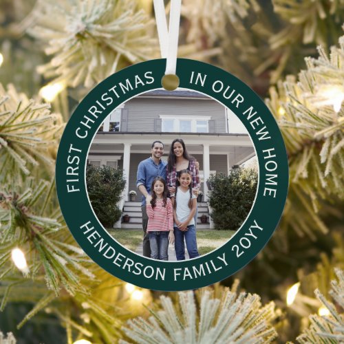 New Home Address 1st Christmas 2 Photo Green Metal Ornament