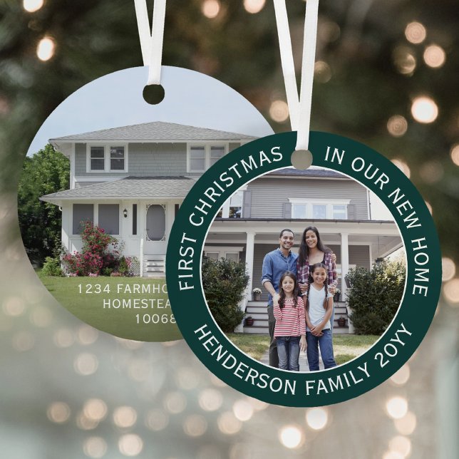 New Home Address 1st Christmas 2 Photo Green Metal Ornament (Creator Uploaded)