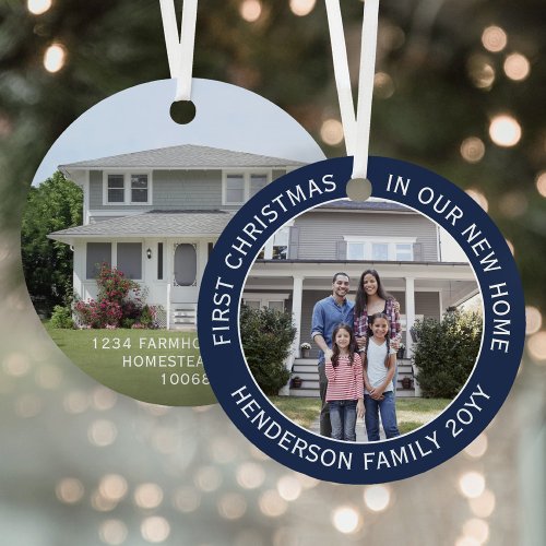 New Home Address 1st Christmas 2 Photo Navy Blue Metal Ornament