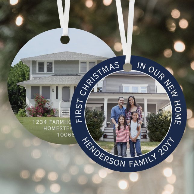 New Home Address 1st Christmas 2 Photo Navy Blue Metal Ornament (Creator Uploaded)
