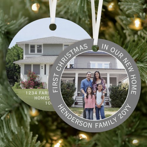 New Home Address 1st Christmas Simple 2 Photo Gray Metal Ornament