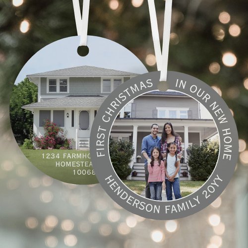 New Home Address 1st Christmas Simple 2 Photo Gray Metal Ornament