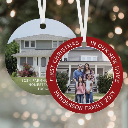 New Home Address 1st Christmas Simple 2 Photo Red Metal Ornament