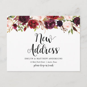 New home address, burgundy floral, Announcement Postcard