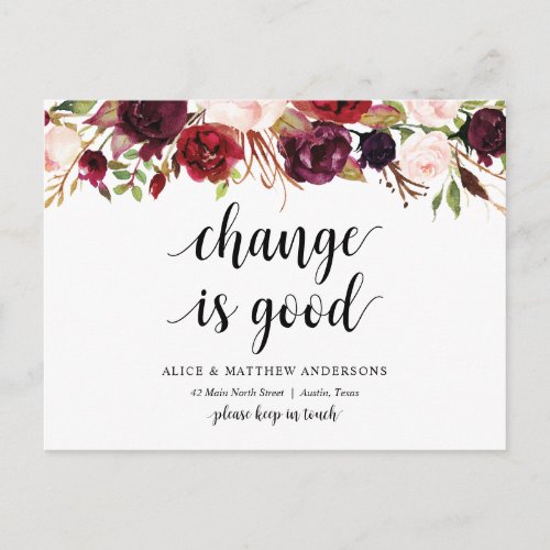 New home address burgundy floral Announcement Postcard