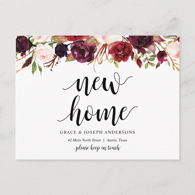 New Home Address, burgundy floral, Announcement Postcard (Front)