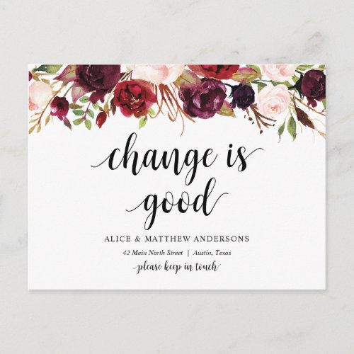 New home address burgundy floral Announcement Postcard