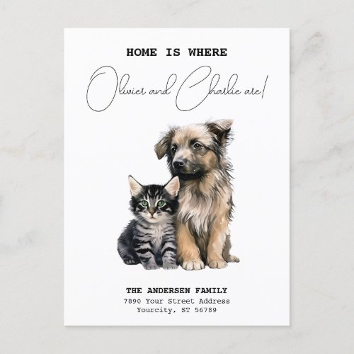 New Home Address Cat Dog Watercolor Moving Announcement Postcard