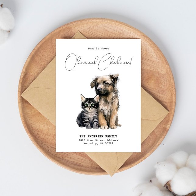 New Home Address Cat Dog Watercolor Moving Announcement Postcard (New Home Address Cat Dog Watercolor Moving Announcement Postcard)