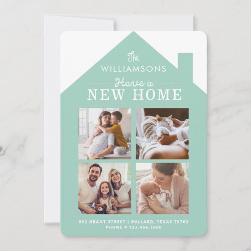 New Home Address Family Photo Collage Turquoise Announcement