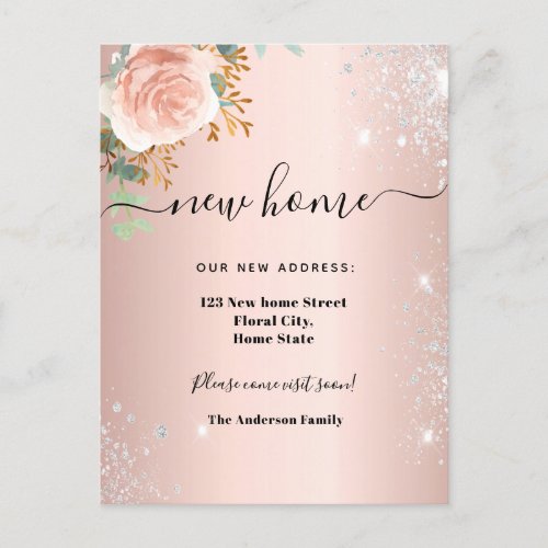 New home address floral rose gold eucalyptus announcement postcard