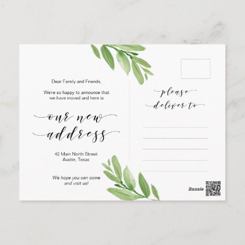 New Home Address Greenery Moving Announcement Postcard