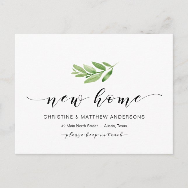 New Home Address, Greenery, Moving Announcement Postcard (Front)