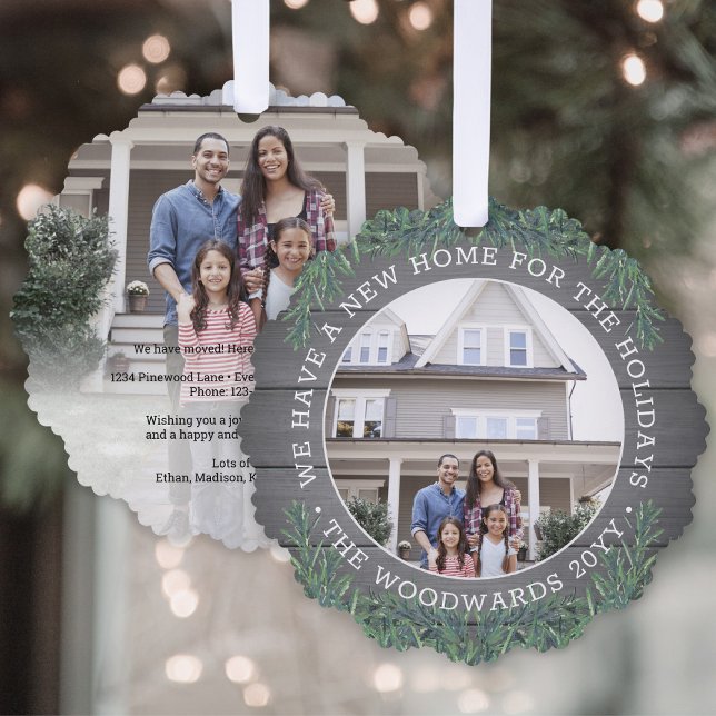 New Home Address Greenery & Wood 2 Photo Christmas Ornament Card (Creator Uploaded)