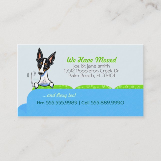 New Home Address Happy Dog Blue Business Card (Front)
