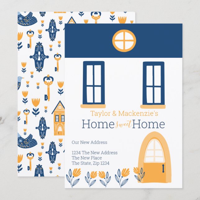 New Home Address Hygge Blue Yellow House Invitation (Front/Back)