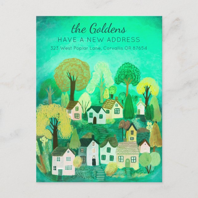 New Home Address Moving Cute Country Village Art Postcard (Front)
